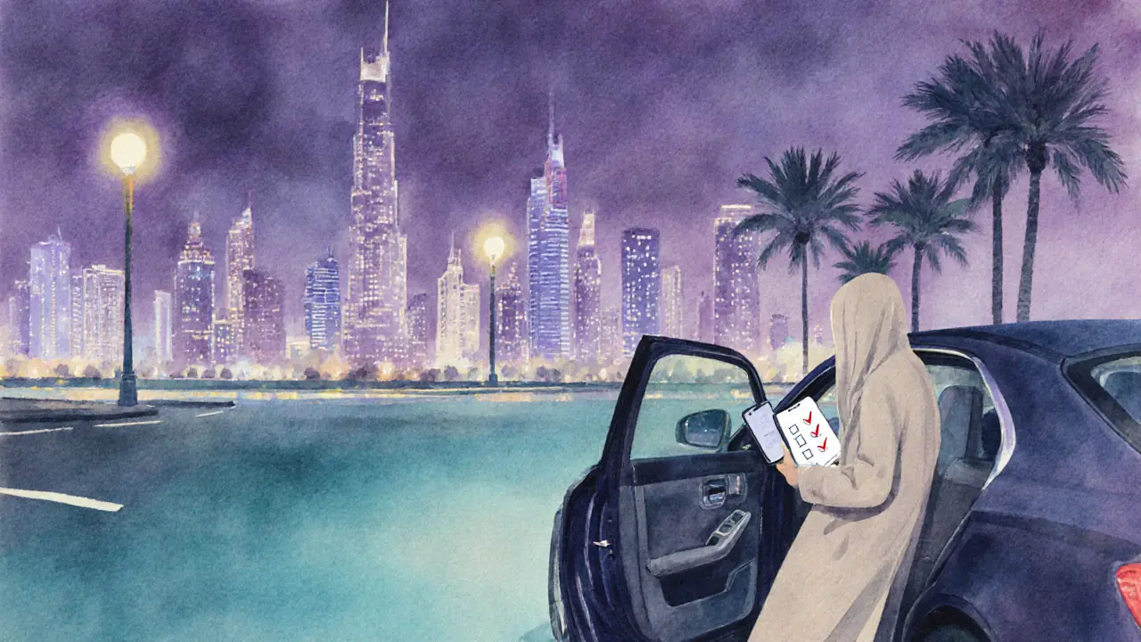 Watercolor of a night scene with a person exiting a car, holding a phone showing a checklist.