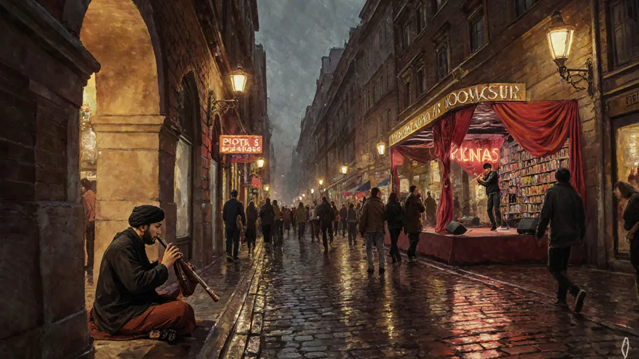 A blend of Sufi music and modern rap performances on Istanbul&#039;s İstiklal Avenue at night.