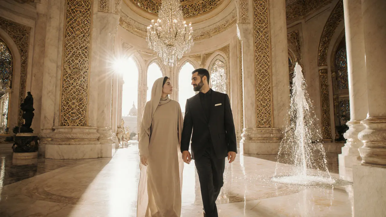 A companion walks calmly beside a client through the opulent atrium of the Emirates Palace.