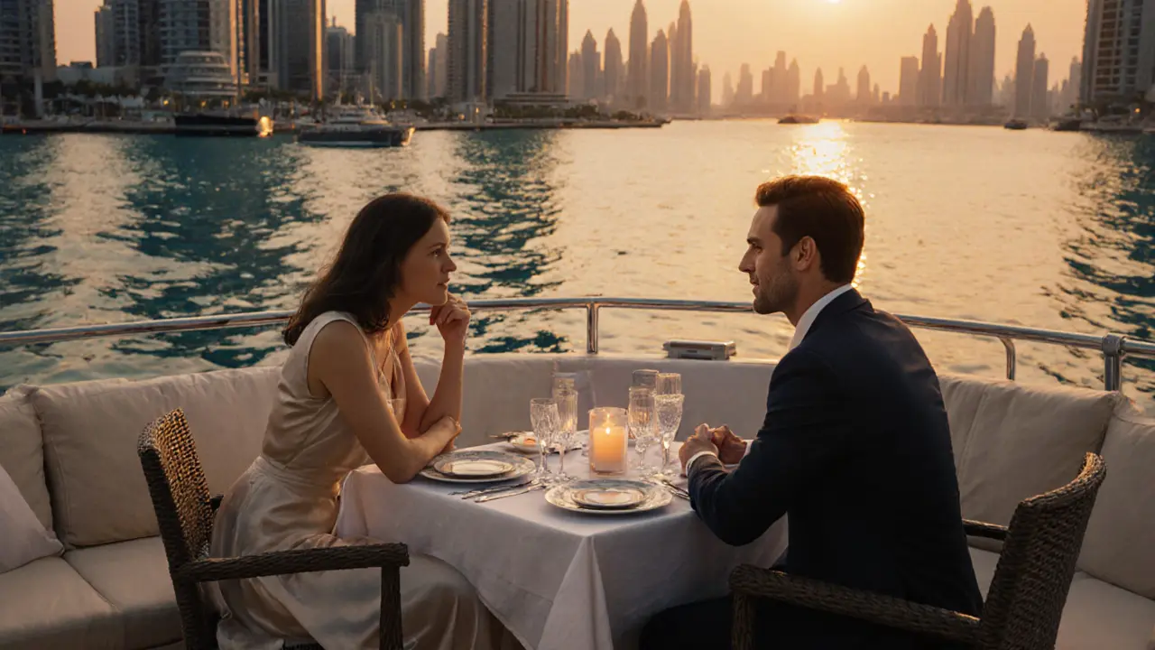 A couple dining quietly on a luxury yacht at Dubai Marina during golden hour, exuding refined companionship.