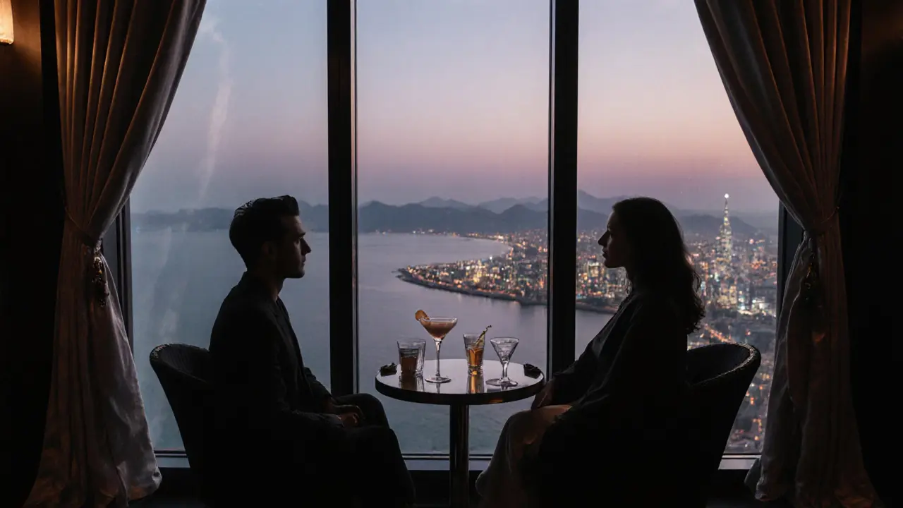 A couple on a secluded rooftop bar overlooking Abu Dhabi’s skyline at twilight with cocktails and city lights.