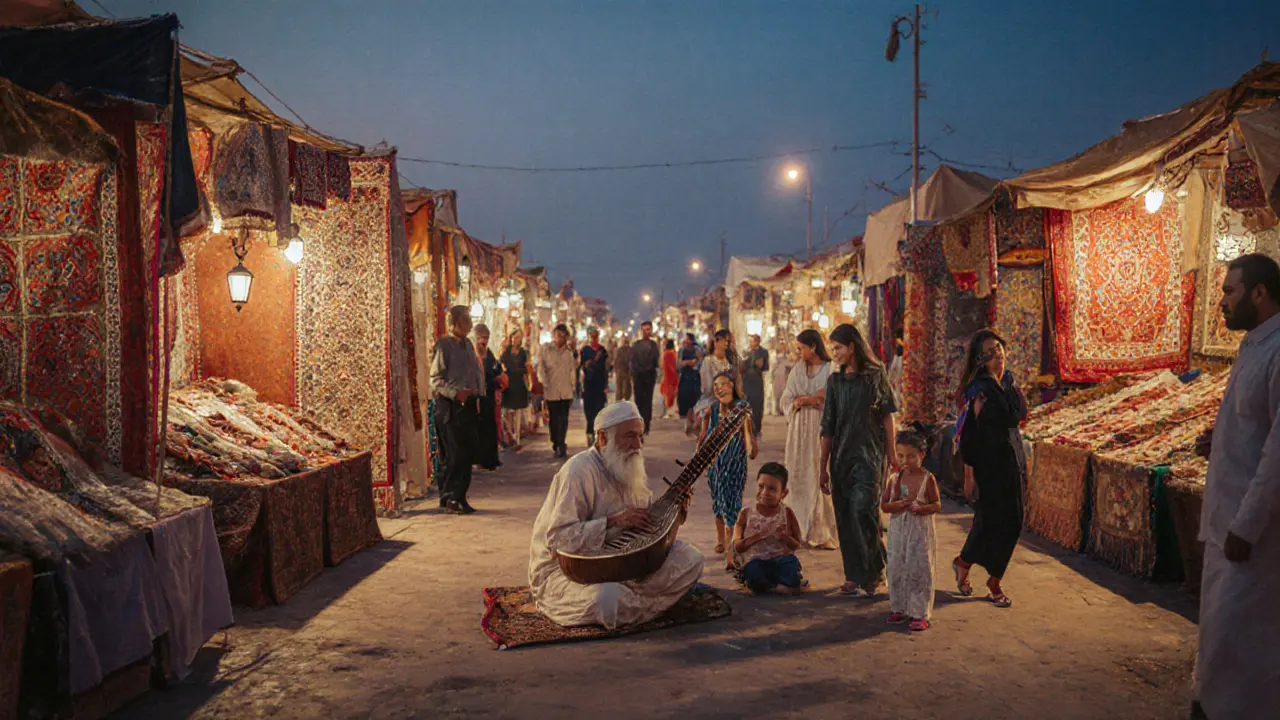 A Friday night cultural bazaar on the Corniche with families, artisans, and traditional games under lantern glow.