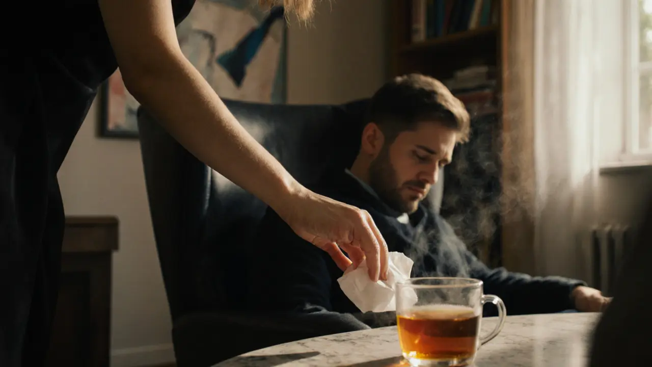 A hand places a tissue on a table beside a man sitting quietly, tears in his eyes, no touch, only compassion.