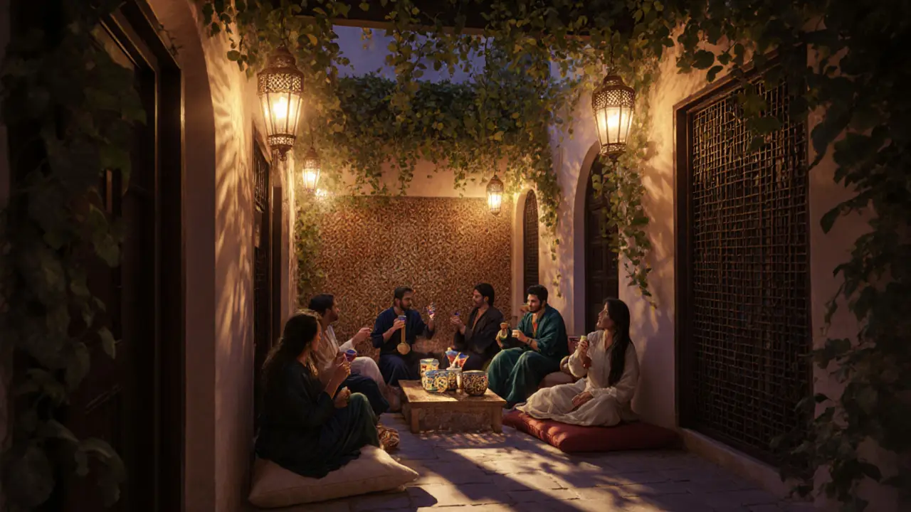A hidden courtyard with lanterns, vines, and musicians playing oud under soft golden light.