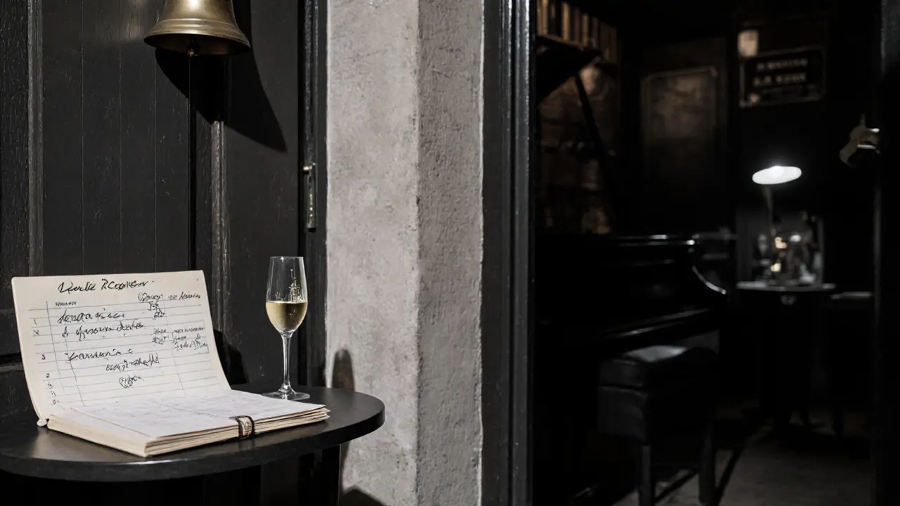 A hidden jazz lounge with a brass bell and handwritten ledger, no signs or crowd.