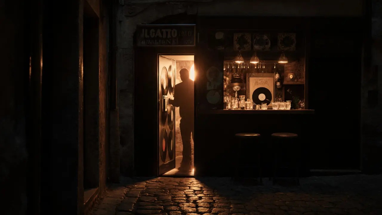 A hidden speakeasy entrance disguised as a refrigerator in a narrow Milan alley, glowing warmly from within.
