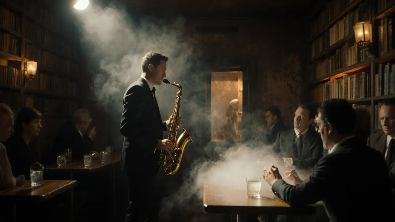 A jazz musician plays in a smoky speakeasy as a bartender mixes a cocktail with liquid nitrogen.