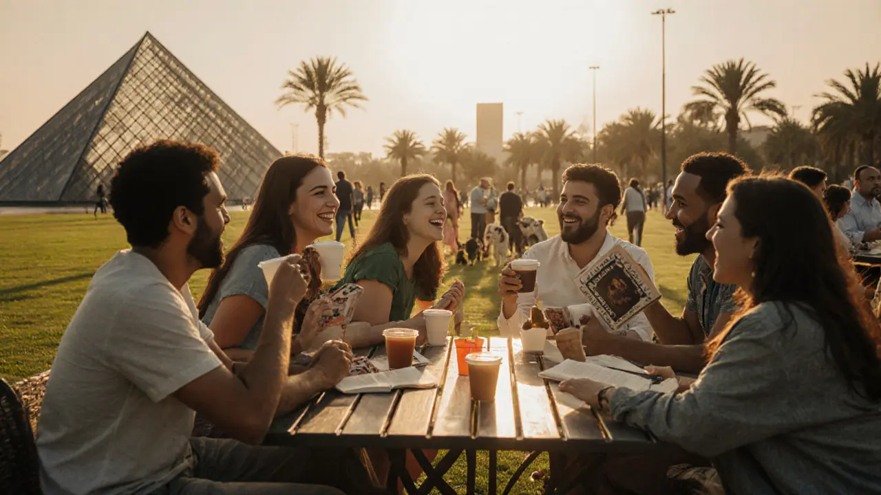 A lively outdoor gathering of diverse people enjoying coffee and conversation in a sunny Abu Dhabi park.