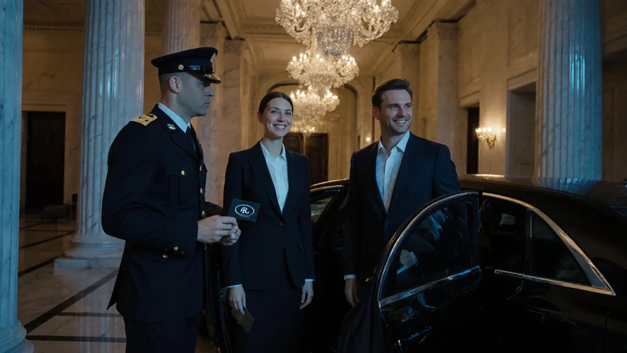 A luxury escort and client preparing to leave in a black sedan outside a Mayfair hotel.