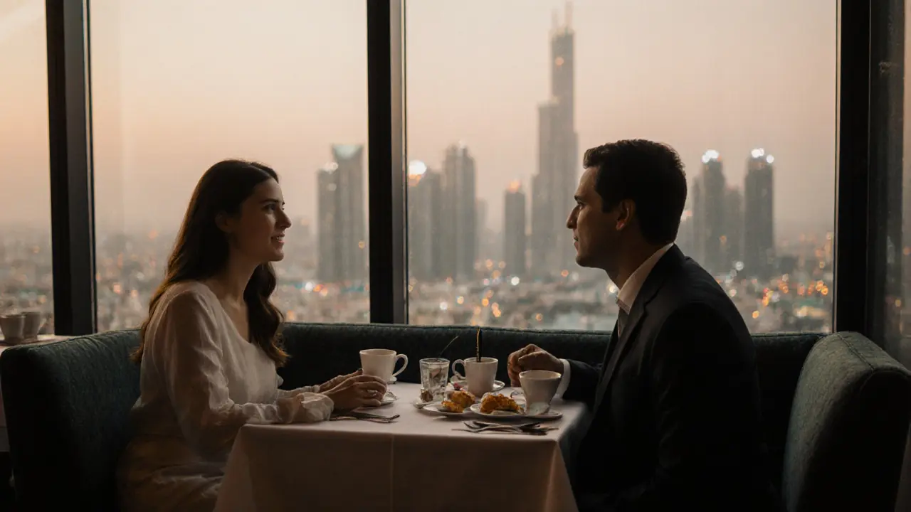 A man and woman having a polite, platonic conversation at a Dubai café during dusk.