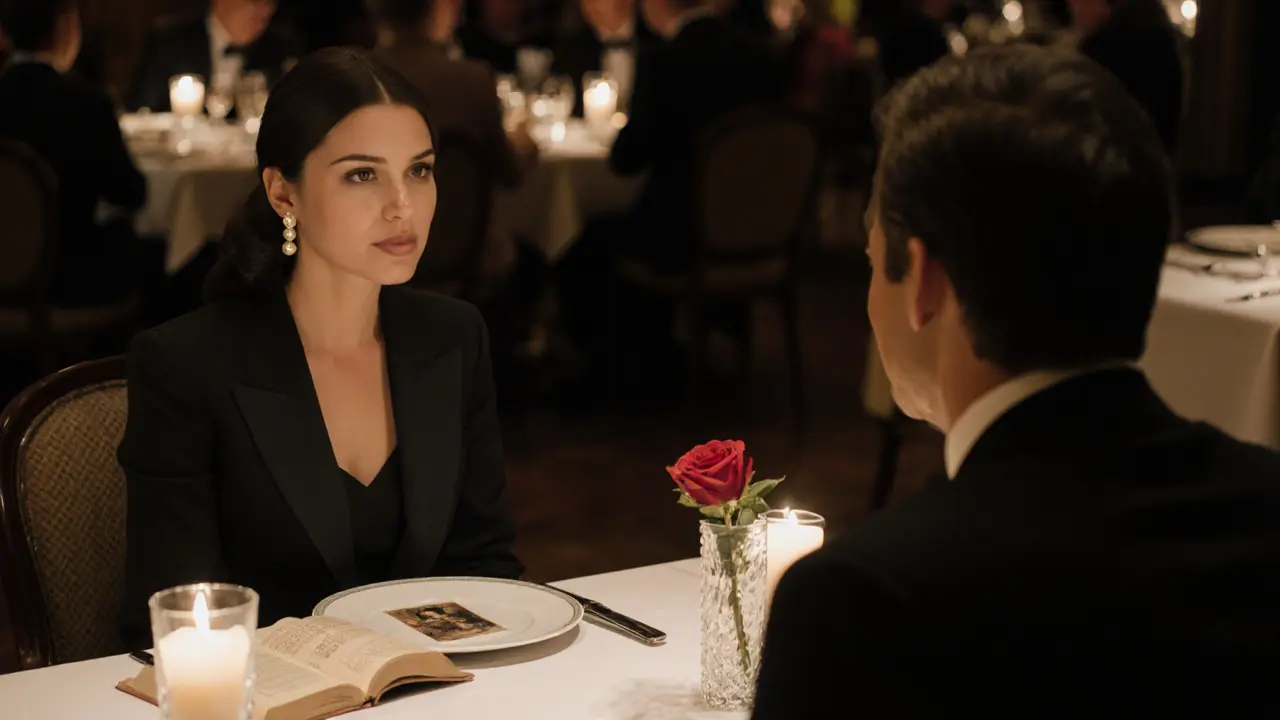 A man and woman share a quiet dinner in a luxurious London restaurant, engaged in thoughtful conversation under soft candlelight.