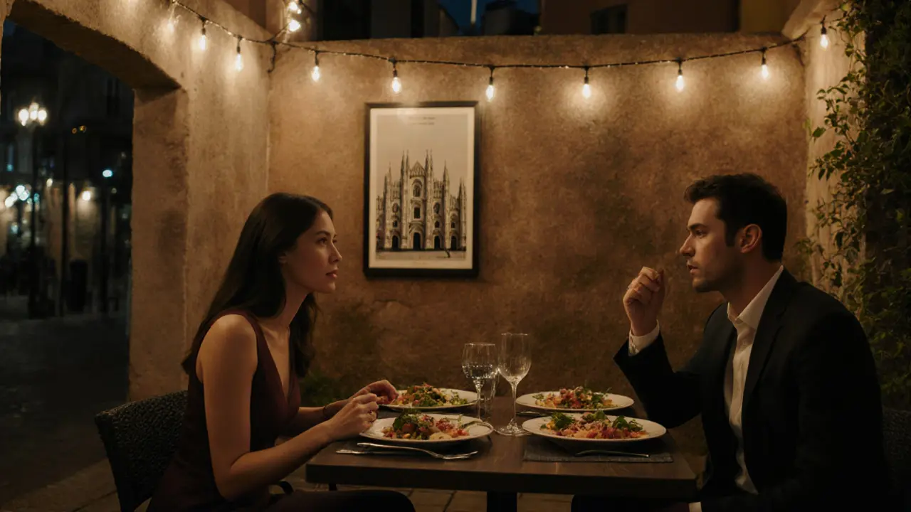 A man and woman sharing a quiet dinner in a private Milan courtyard, engaging in calm conversation.