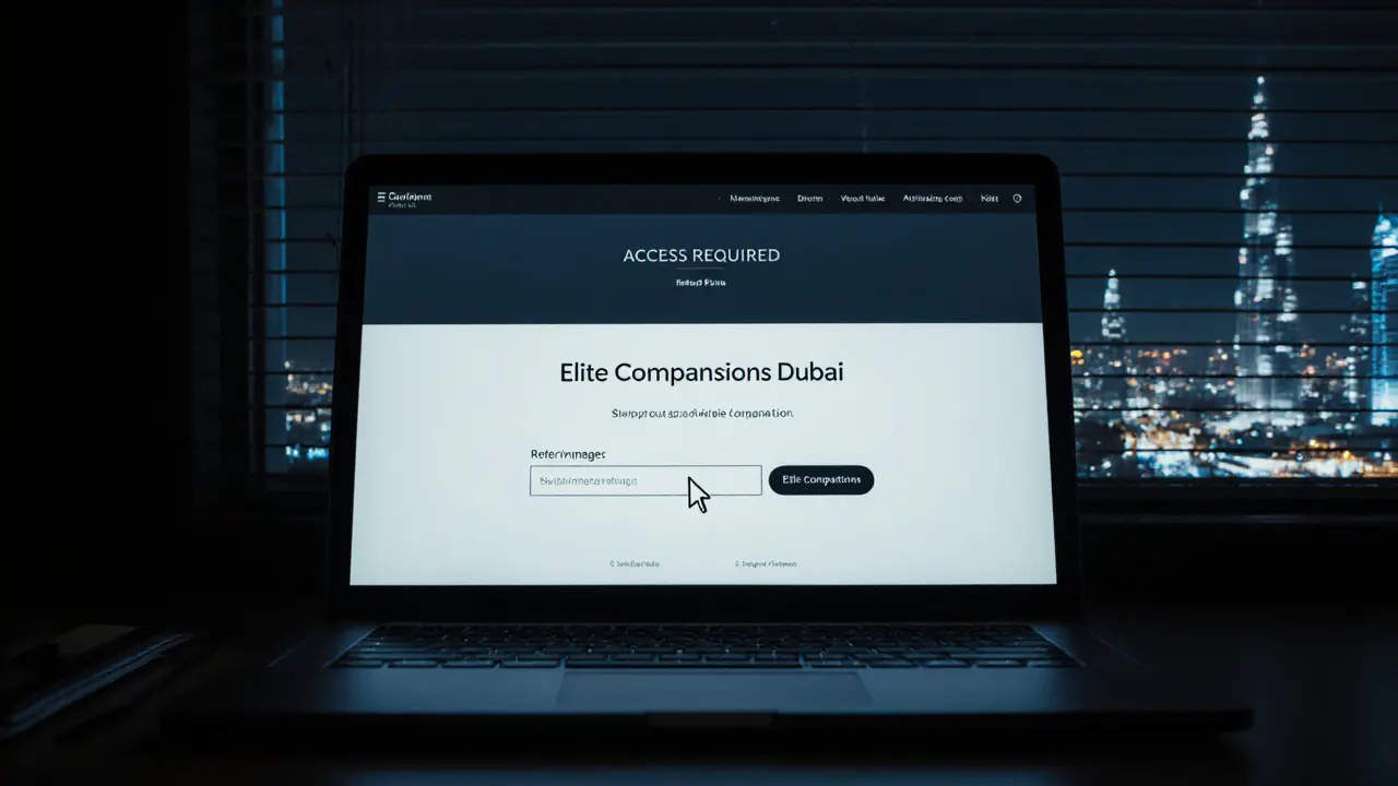 A minimalist private booking portal for an exclusive Dubai escort agency, displayed on a laptop with no images.