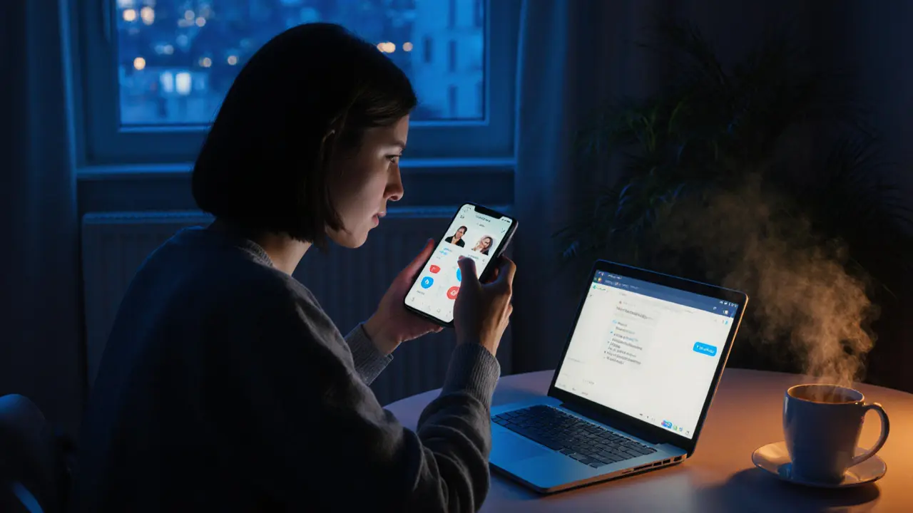A modern escort in a London apartment, managing digital communications with calm focus and safety tools.