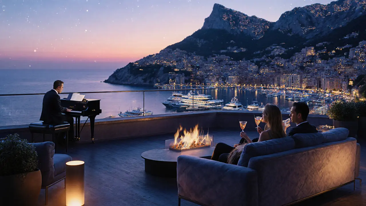 A pianist plays Gershwin on a rooftop lounge overlooking Monaco’s harbor at night, stars and yachts glowing softly.
