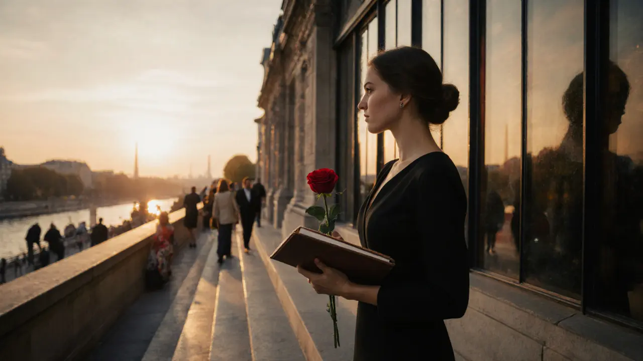A poised woman standing on the steps of the Musée d&#039;Orsay, holding a rose at sunset.