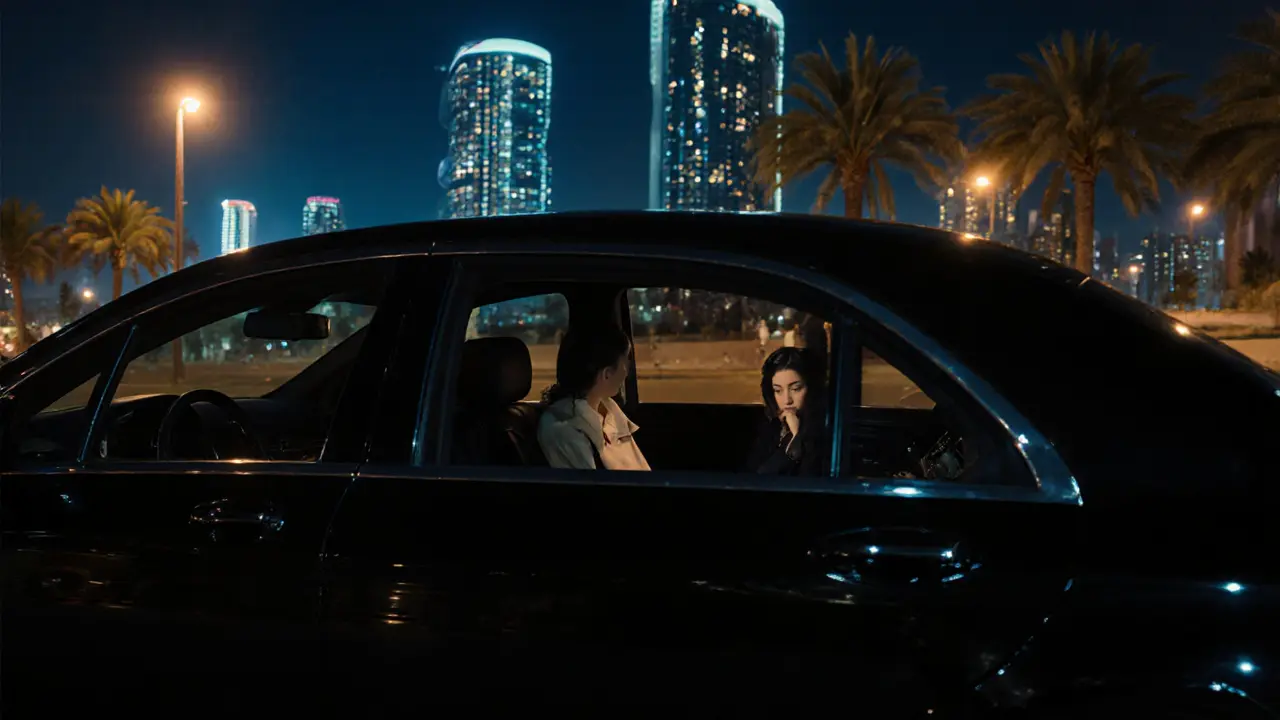 A private car waits outside a luxury hotel at night, interior dimly lit with a companion and client inside.