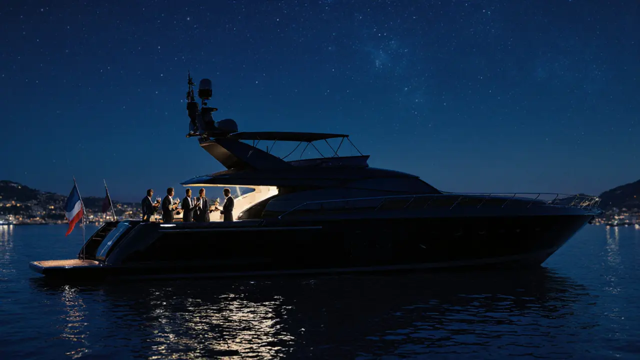 A private yacht at night with silhouetted figures on deck, no lights or branding visible.