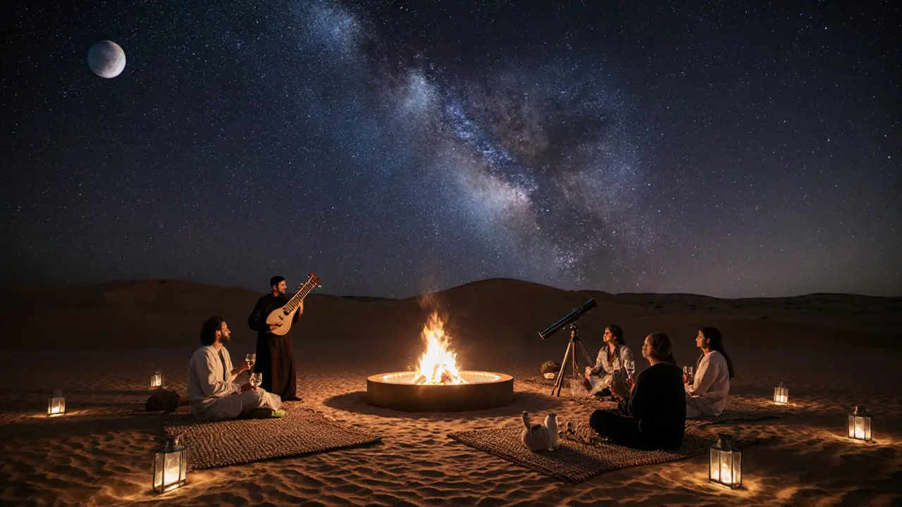 A quiet desert camp under a star-filled sky, with a firepit, oud player, and guests seated on rugs, telescope pointing to the Milky Way.