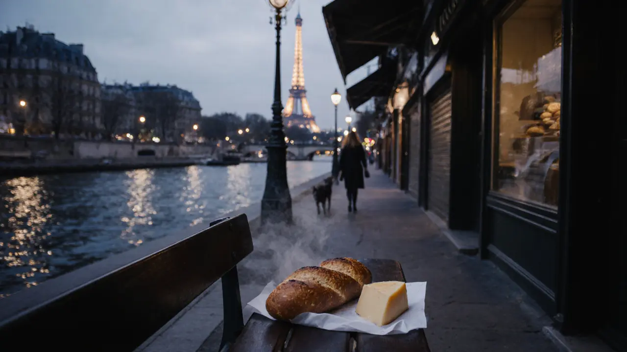A quiet Parisian street at dawn with a baguette on a bench and the Seine reflecting morning light.