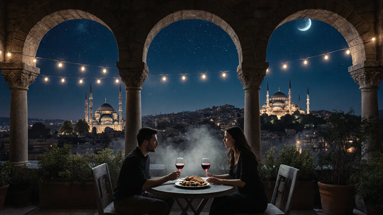 A quiet rooftop garden in Beyoğlu under string lights with minarets glowing in the distance.