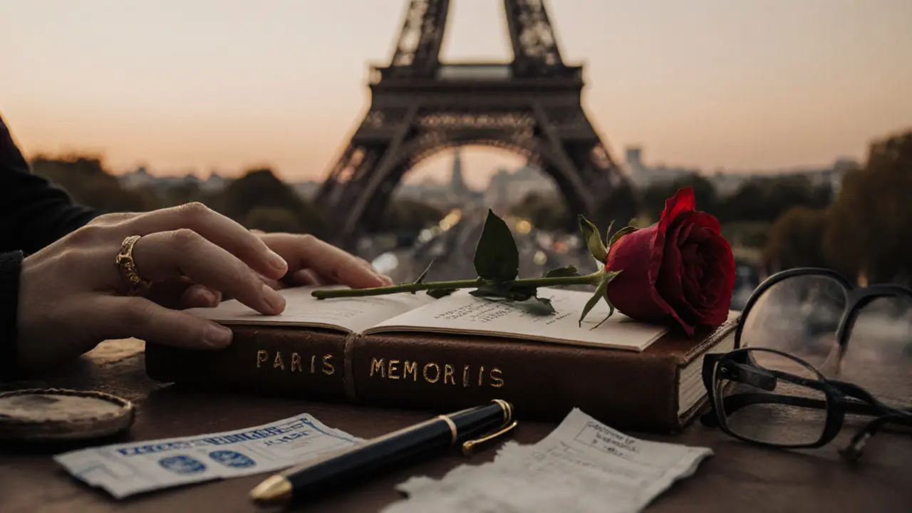 A rose resting on an open journal filled with Paris memories, surrounded by personal mementos under soft dusk light.