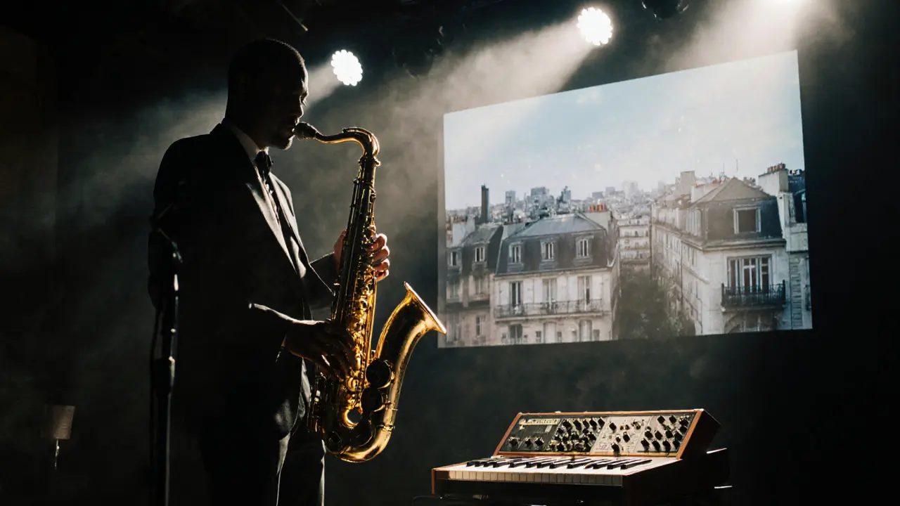 A saxophonist blending live jazz with digital soundwaves in a surreal, genre-bending performance.