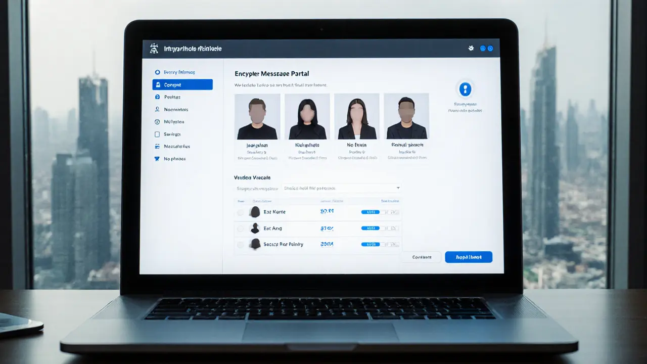 A secure client portal on a laptop shows anonymized profiles with no photos, in a high-rise apartment with city lights outside.