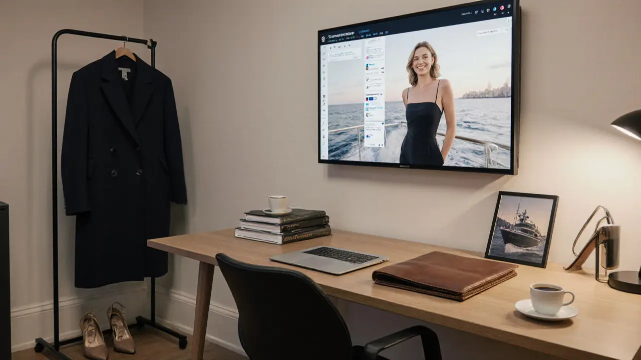 A sleek Mayfair agency office at dawn with a locked laptop, client roster, and designer coat—symbols of discretion and professional control.