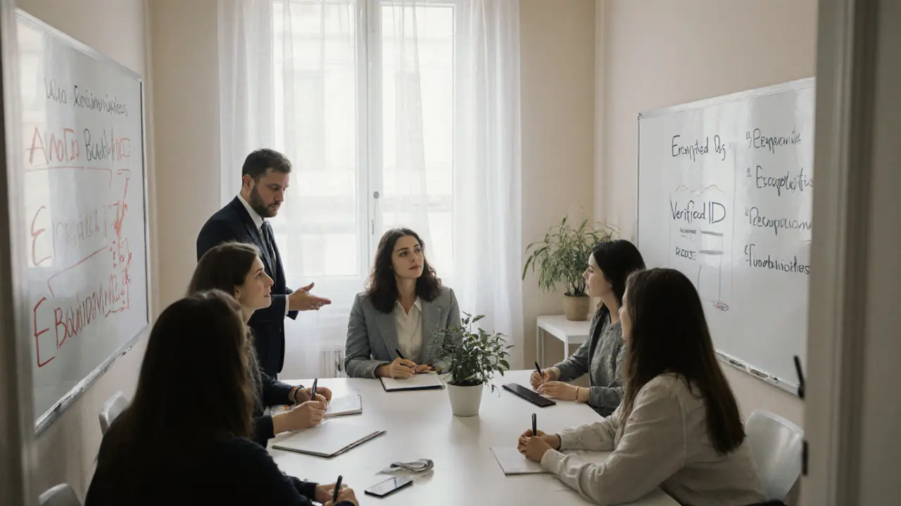 A small group of companions attending a private workshop on professional boundaries in Milan.