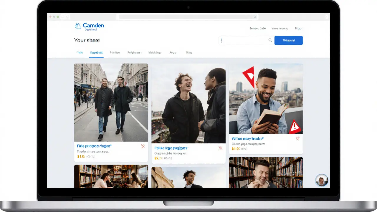 A verified escort platform showing real candid photos versus fake stock images on a laptop.
