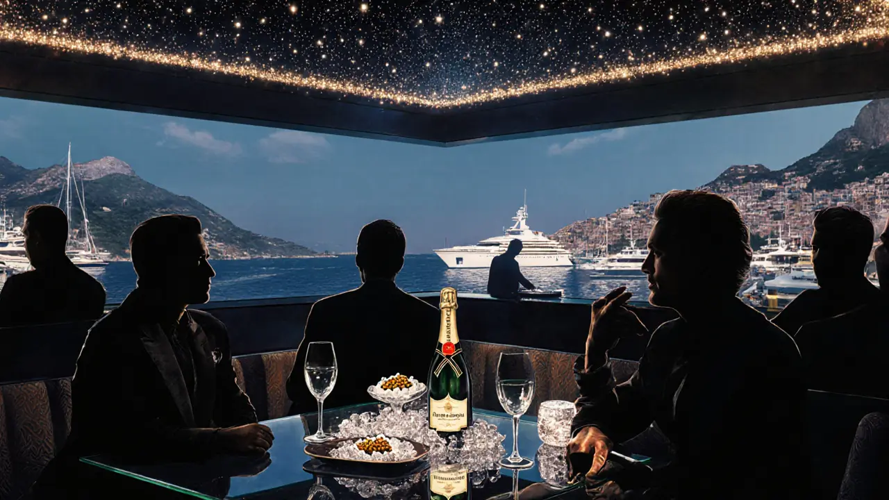 A VIP booth overlooking Monaco&#039;s harbor with champagne, caviar, and silhouetted guests under twinkling lights.