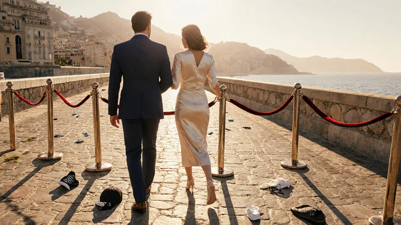 A well-dressed couple walks past abandoned sneakers and caps, symbolizing Monaco’s refined dress code at night.