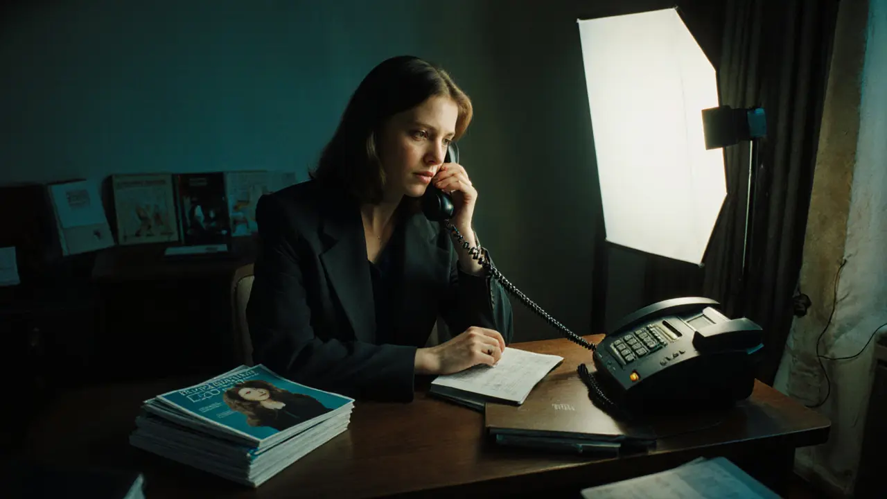 A woman in a 1990s London flat answering a landline, surrounded by agency materials and photo equipment.