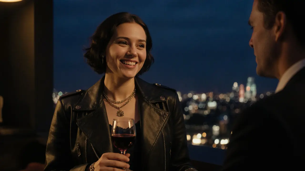 A woman in a leather jacket at a London rooftop bar, smiling while listening to a companion.