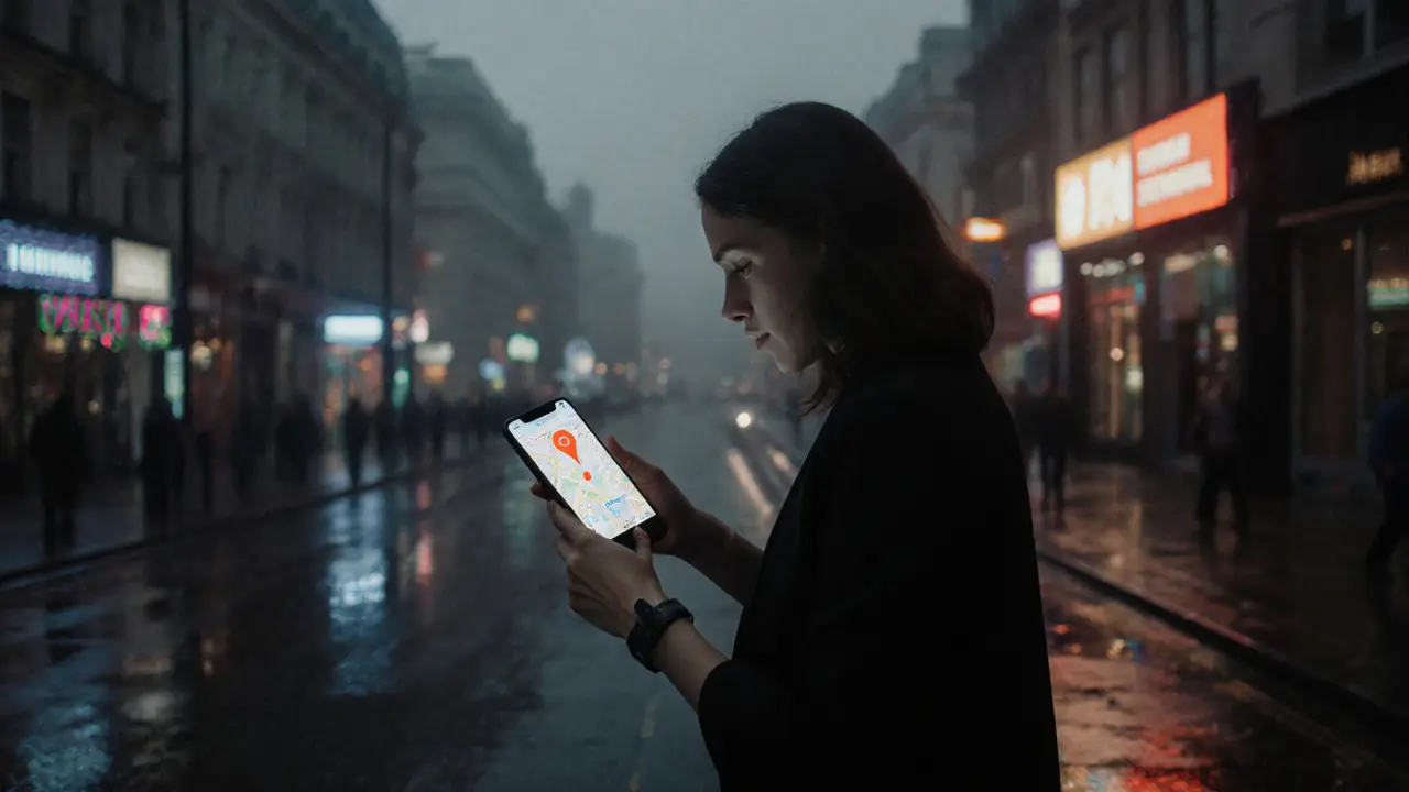 A woman in a London street with a wearable safety device and real-time location alert on her phone.