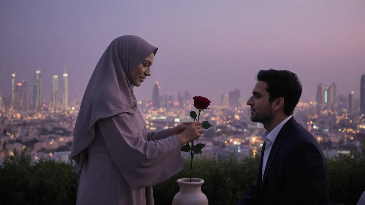 A woman in an elegant abaya tending a rose on a Dubai rooftop garden as the city glows behind her.