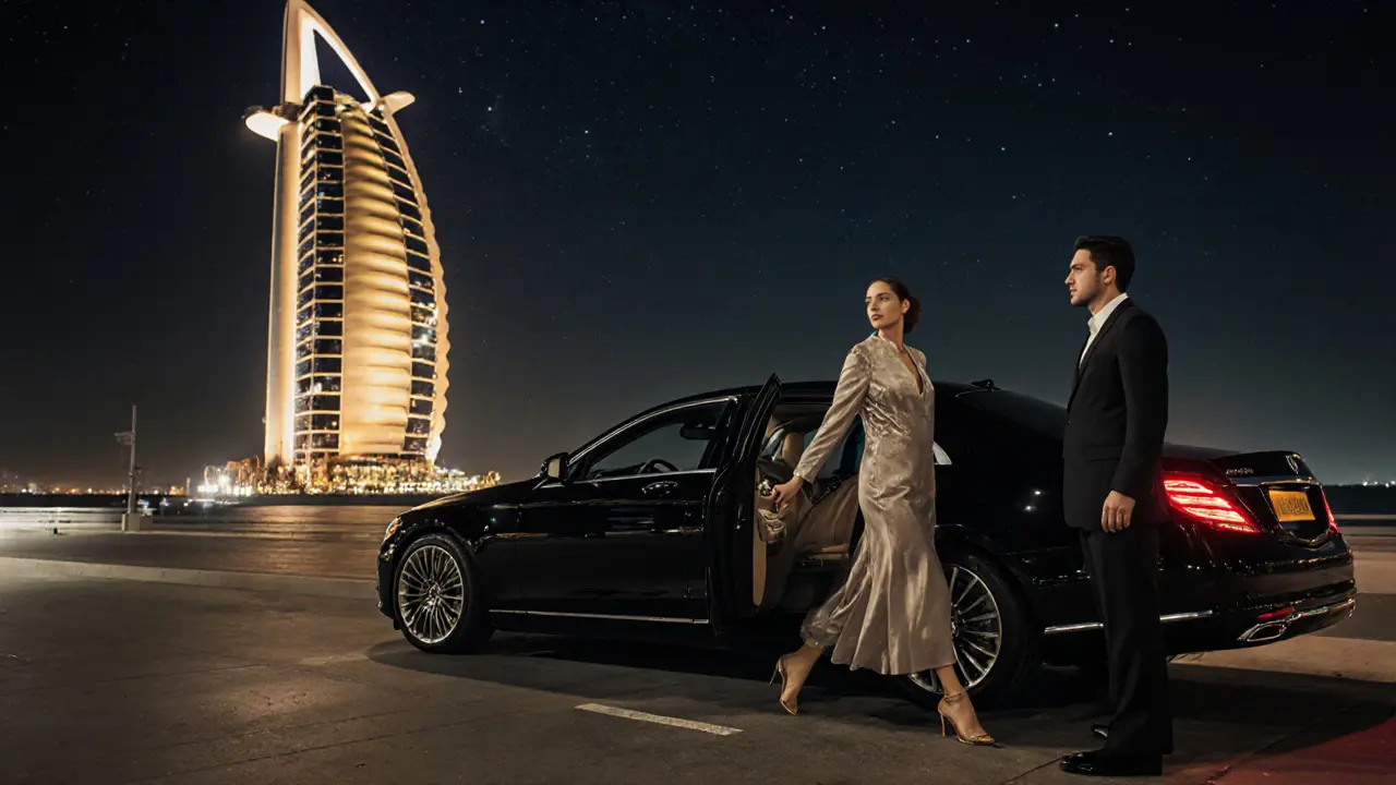 A woman in designer attire walks toward Burj Al Arab at night, blending seamlessly into the luxury environment.