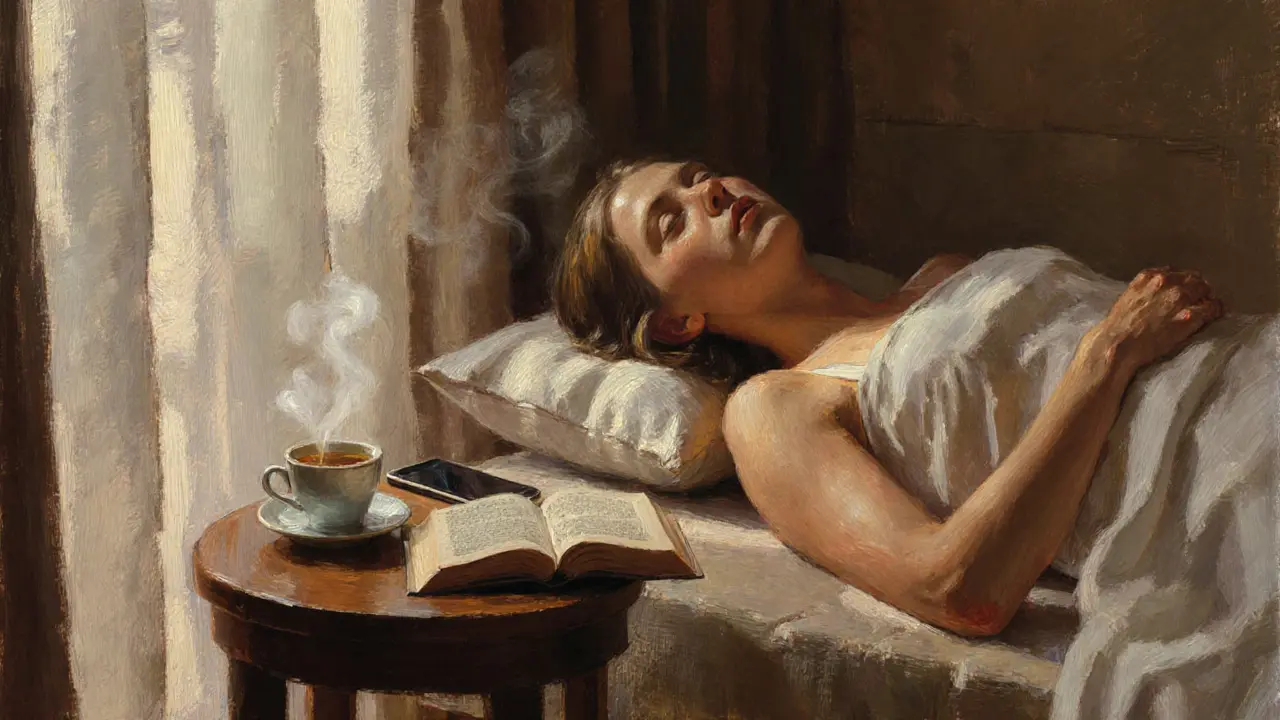 A woman relaxes in a luxurious spa room, sunlight streaming through curtains, a book and tea beside her on the table.