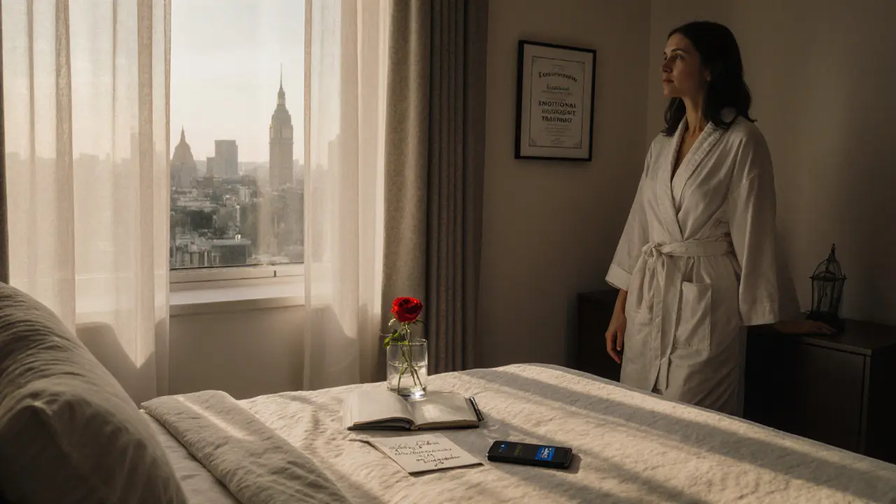 A woman stands by a window at dawn in her apartment, sunlight on a nightstand with a notebook and prepaid card.