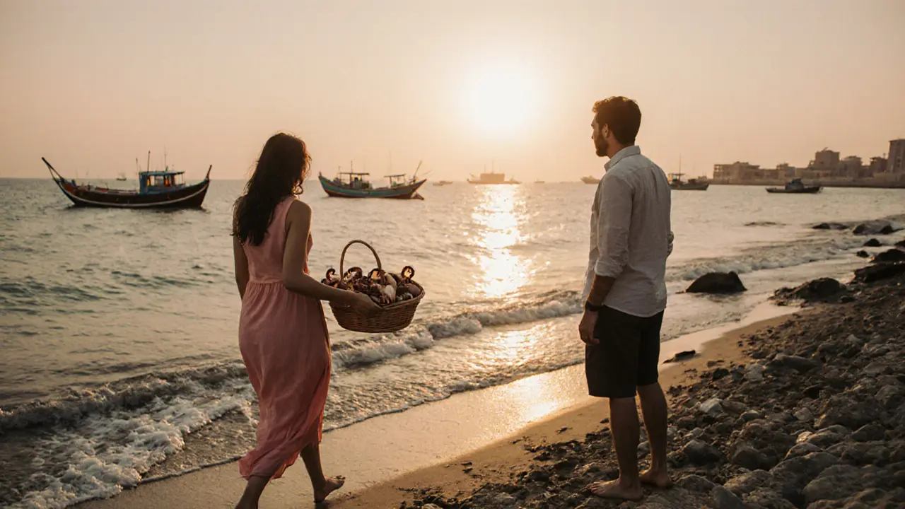 A woman walking barefoot on a quiet beach at sunset, holding grilled octopus with fishing boats in the distance.