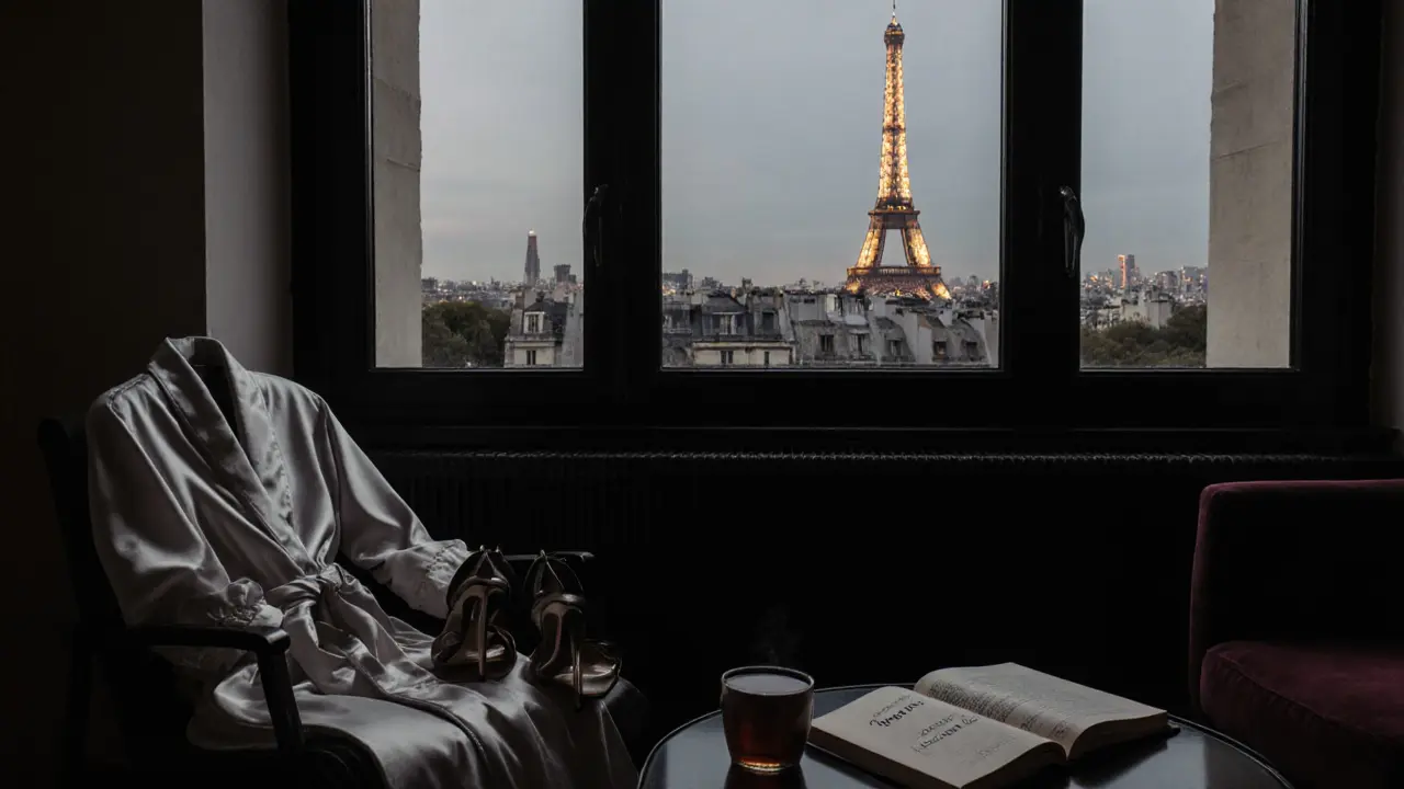An elegant, empty Parisian apartment with a view of the Eiffel Tower at twilight.