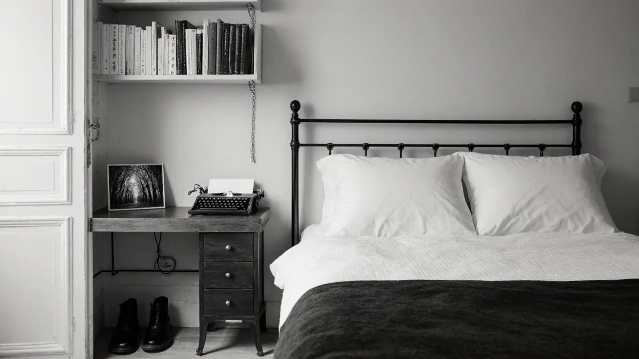 An empty, elegantly furnished Paris apartment with books, a typewriter, and a photo of a forest—no people, only quiet traces of life.