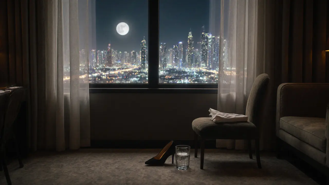 An empty luxury lounge at night, a single shoe beside a chair, skyline visible through the window, stillness speaks.