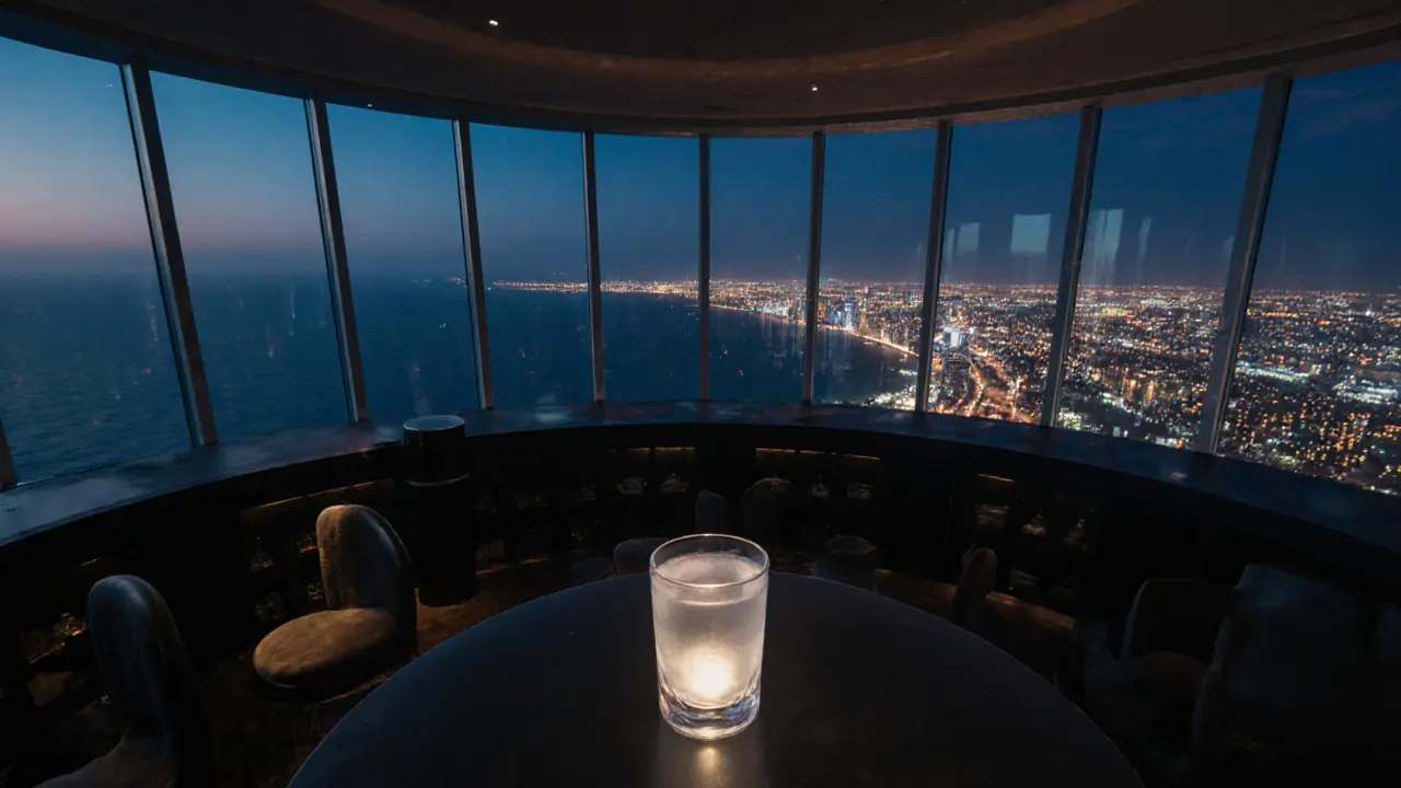 An empty luxury rooftop bar at midnight, glowing glass in focus, city lights below, total silence and stillness in the air.