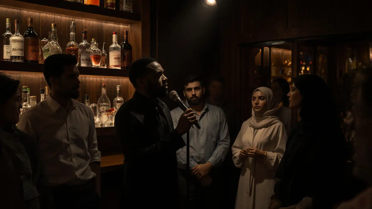 An intimate jazz bar at midnight with a soul singer illuminated by spotlight, patrons listening quietly.