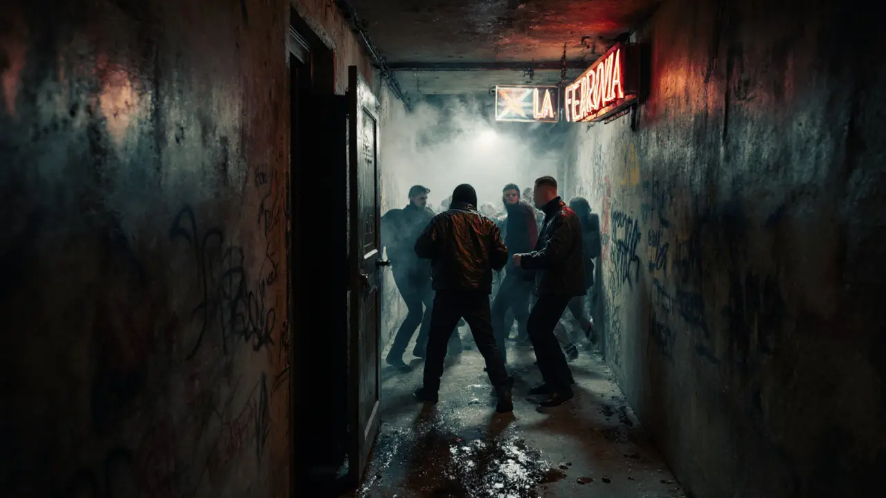 An underground Milan club with concrete walls, neon lights, and a hazy crowd dancing to raw techno music in the dark.