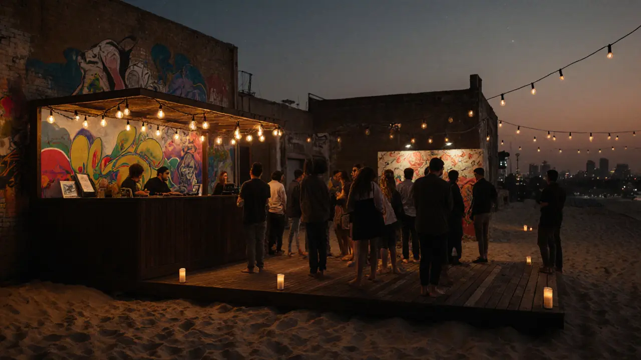 Barasti in Alserkal Avenue, an open-air beach bar with wooden deck, soft lighting, and people listening to live music among art installations.