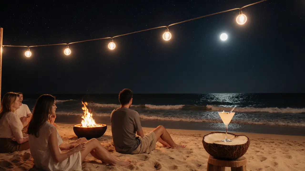 Beachside lounge with fire pits, moonlit waves, and guests relaxing barefoot under string lights.