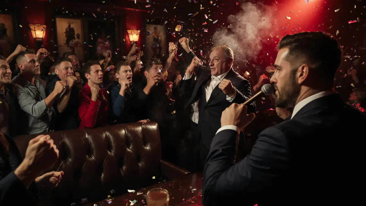 Boxing night at a pub, crowd standing and cheering as a punch lands, dramatic red lighting.